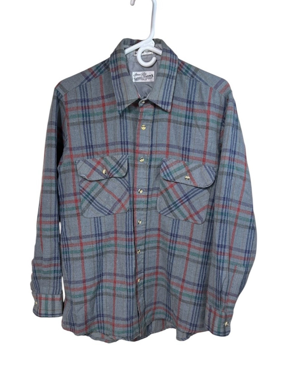 Vintage Sears Roebuck & Co Shirt Mens Large Grey Plaid Wool Blend Flannel